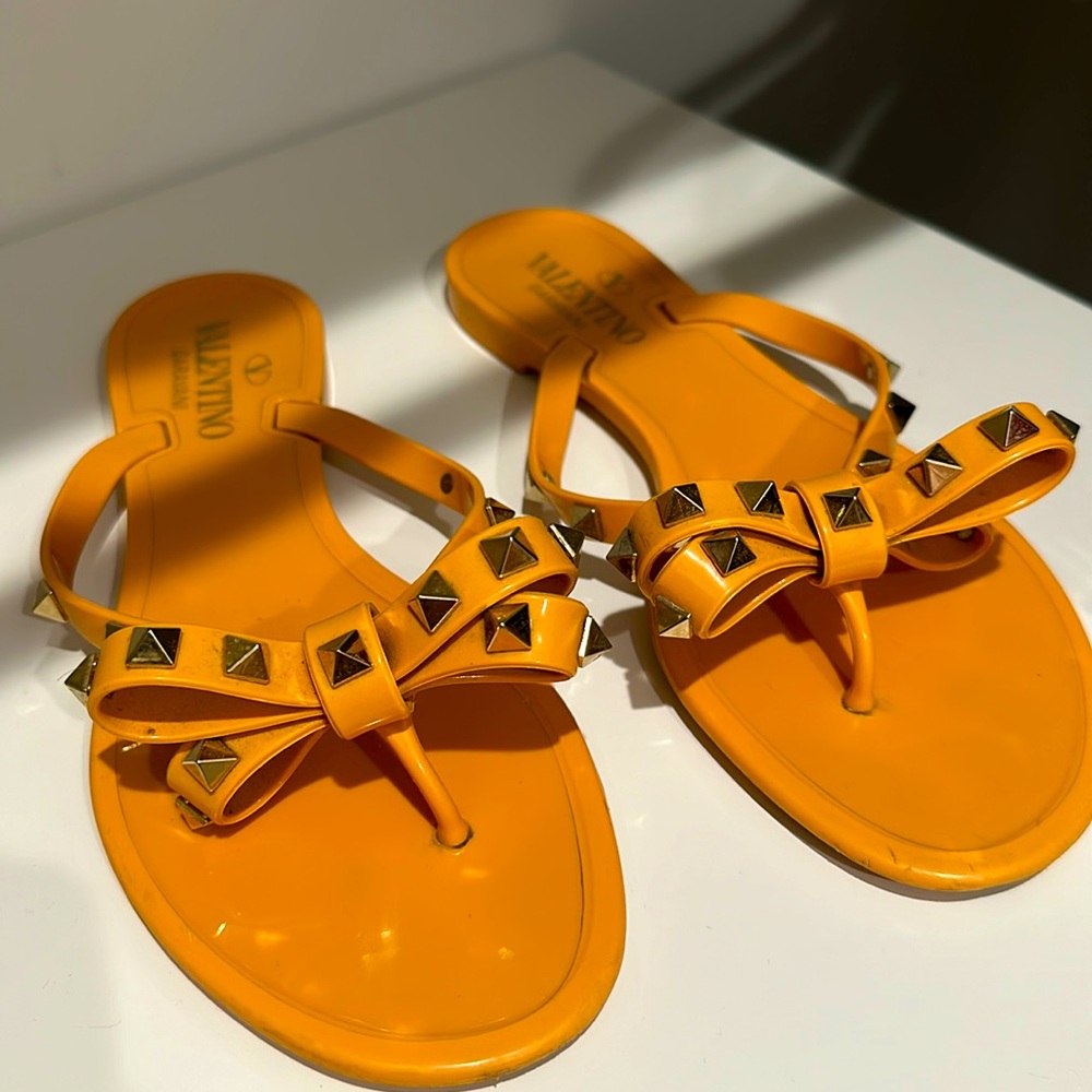 Valentino Orange Rockstud PVC Thong Sandals